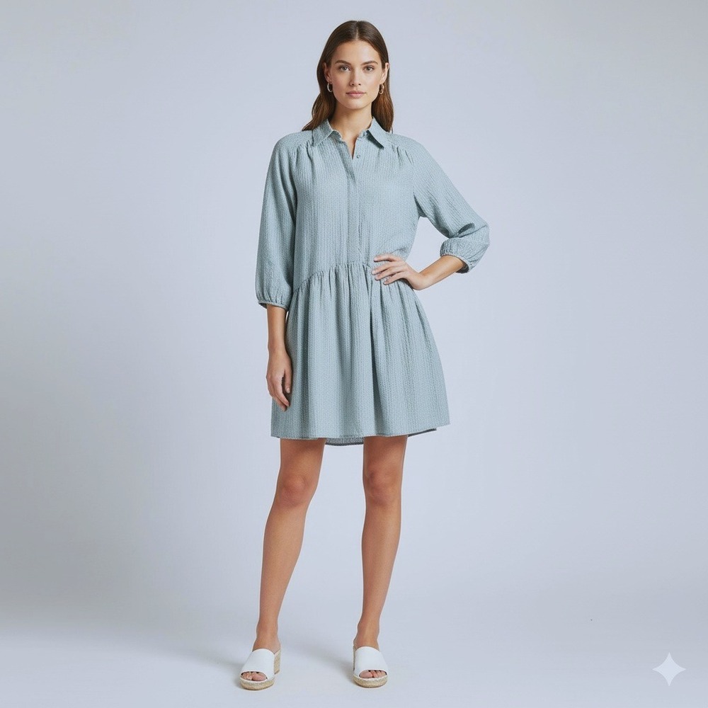 Club Monaco Women XS Green Puff Sleeve Seersucker Shirt Dress